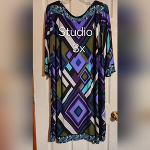Studio I Geometric Midi Dress in Purple, Teal & Black